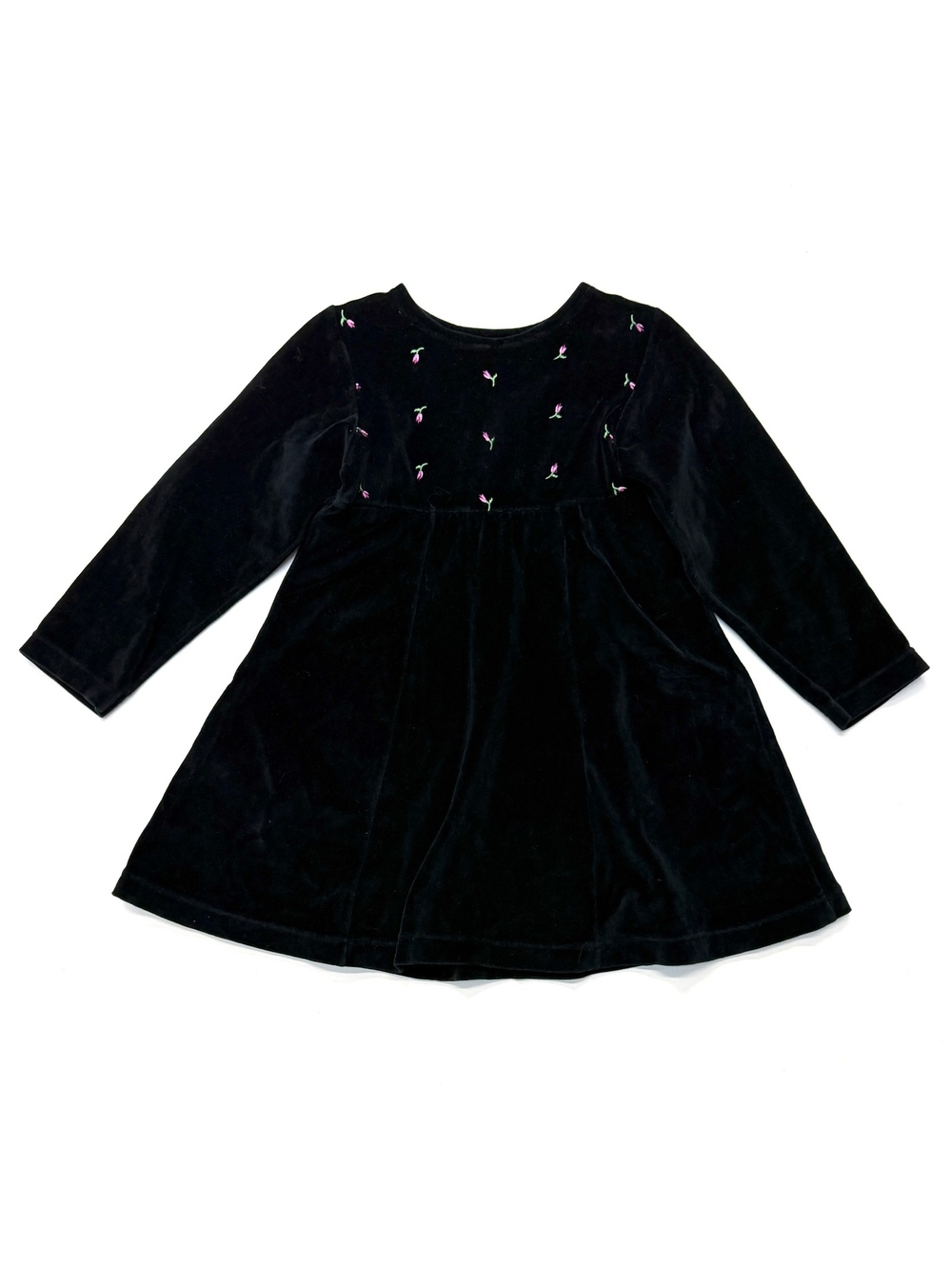 Vintage 90s Y2K Black Velvet Long Sleeve Girls Dress Pink Floral Embroidery 6 6X